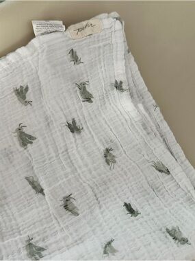 Pehr White Muslin Swaddle with Sage Green Cricket Print